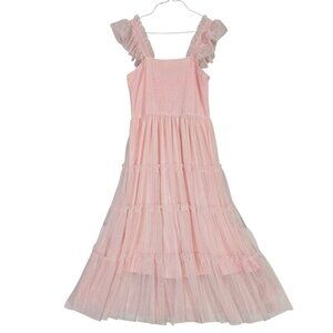 PrettyGarden Womens Pink Ruffle Strap Tiered Tulle Maxi Dress Size L Flowy